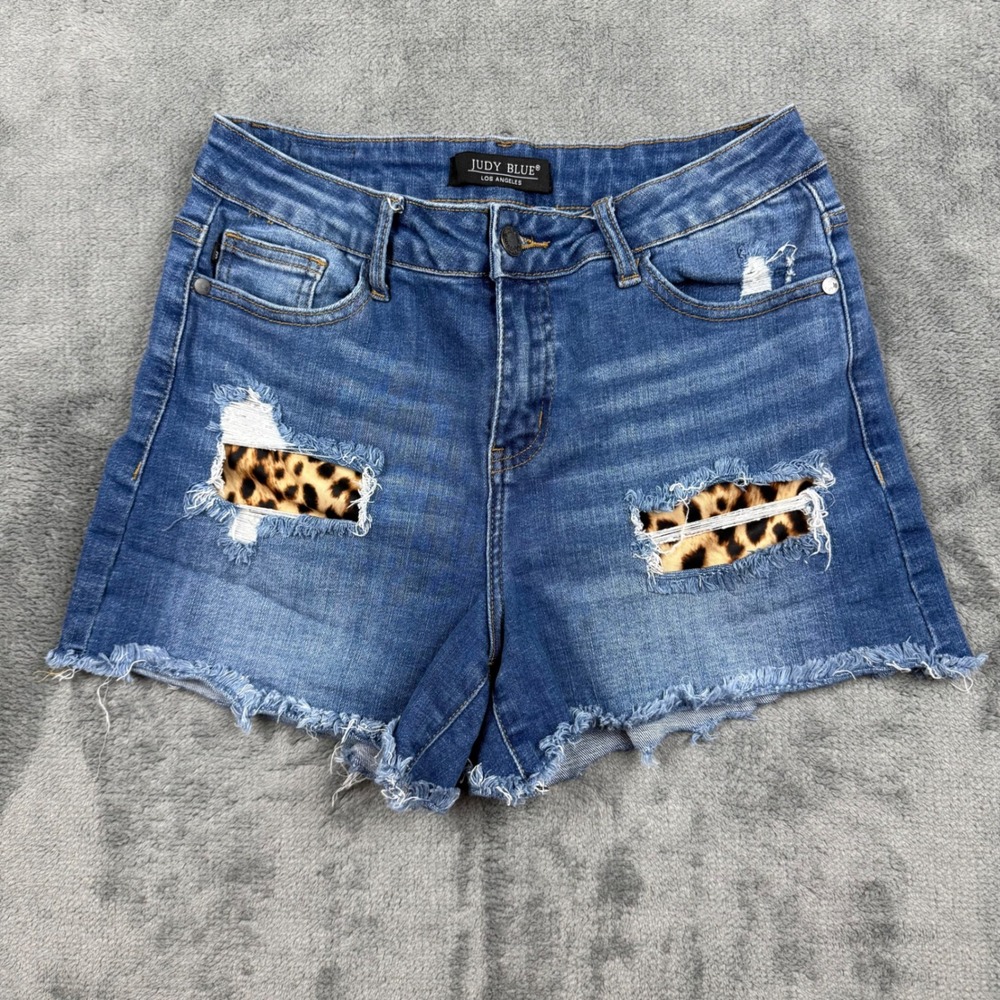 Judy Blue Leopard Patch Distressed Denim Shorts Medium High Rise Cutoff Frayed